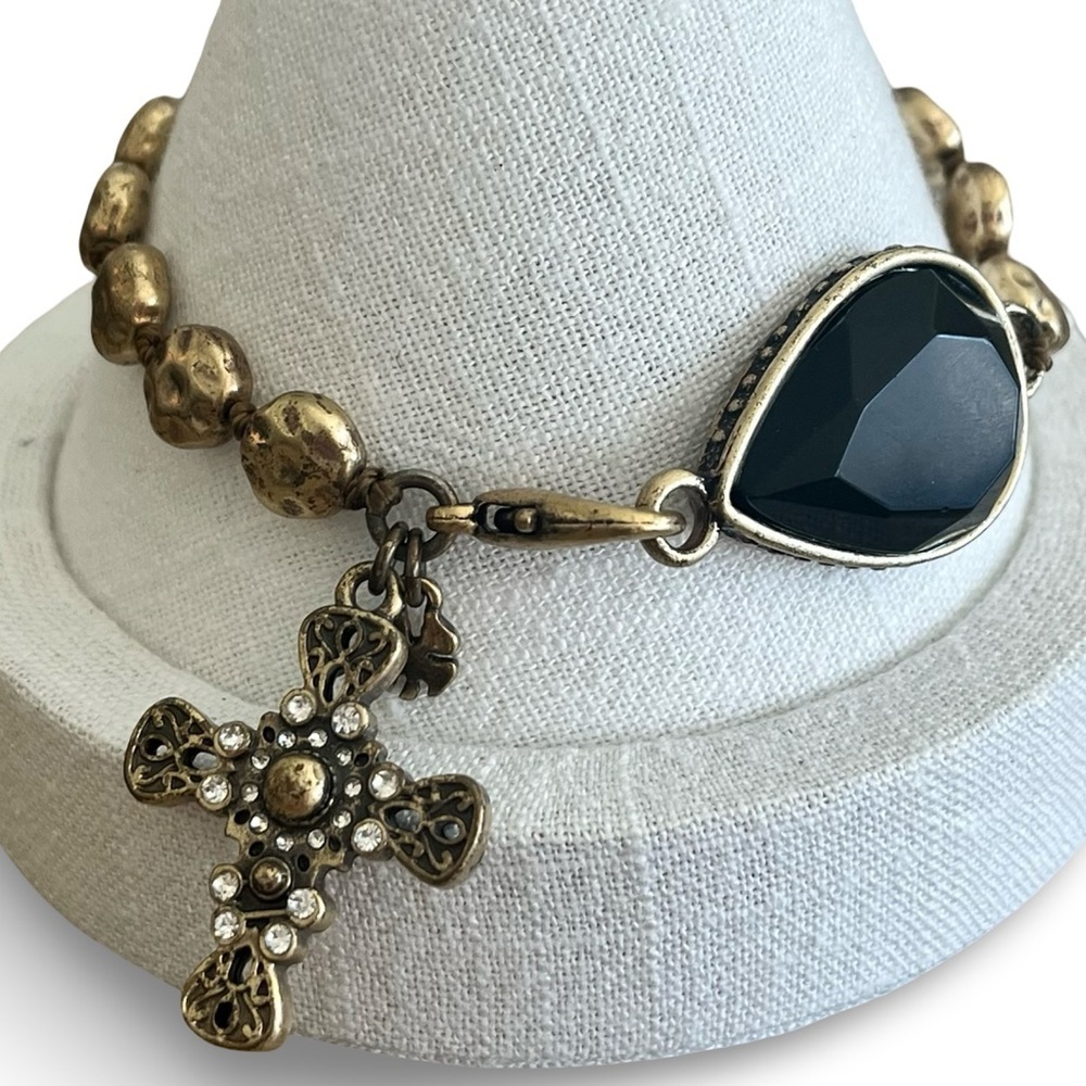Vintage Luck Brand Bronze Tone Black Crystal Cross Toggle Bracelet